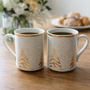 Dansk White Gold Christmas Tree Mugs Set of 2 Holiday Coffee Cocoa Cups